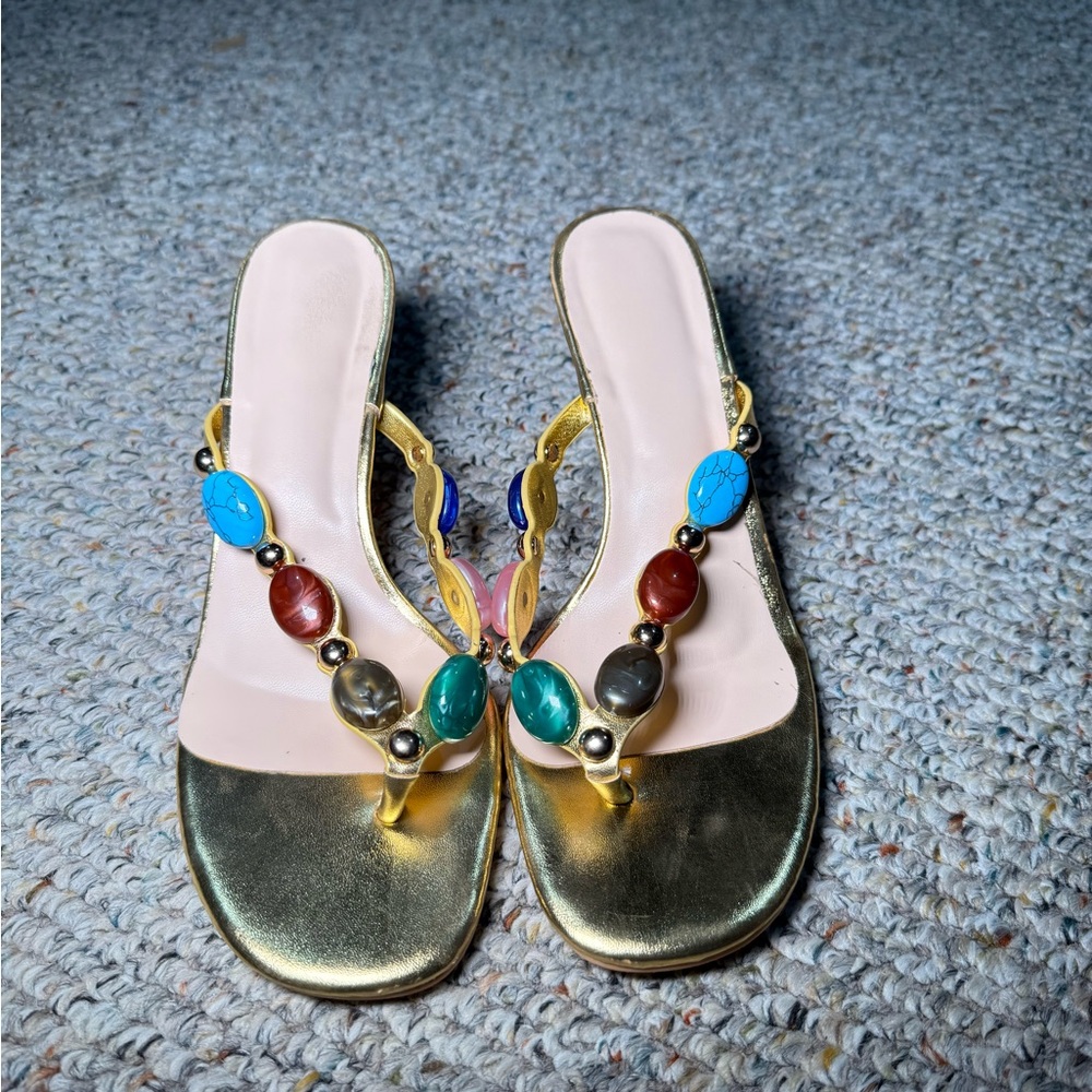 Gold Beaded Sandals with Multicolor Accents